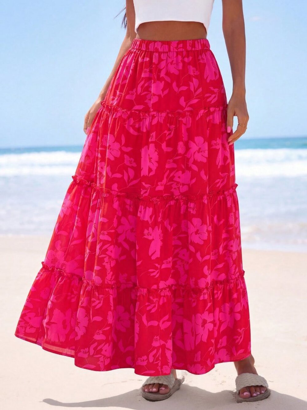 Red And Pink Casual Women's Floral Tiered A-Line Maxi Skirt - Picture 4 of 5